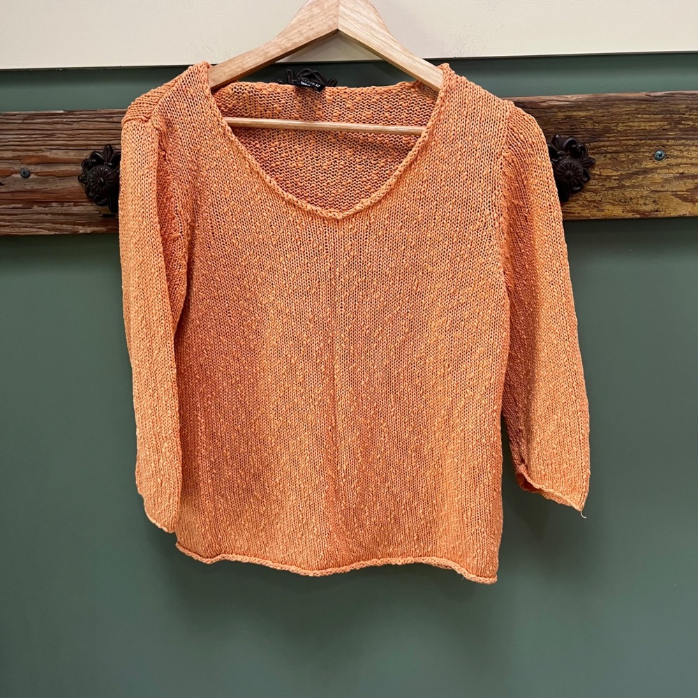 Eileen Fisher Petite Orange 100% Cotton Scoop Neck 3/4 Sleeve Sweater PL
